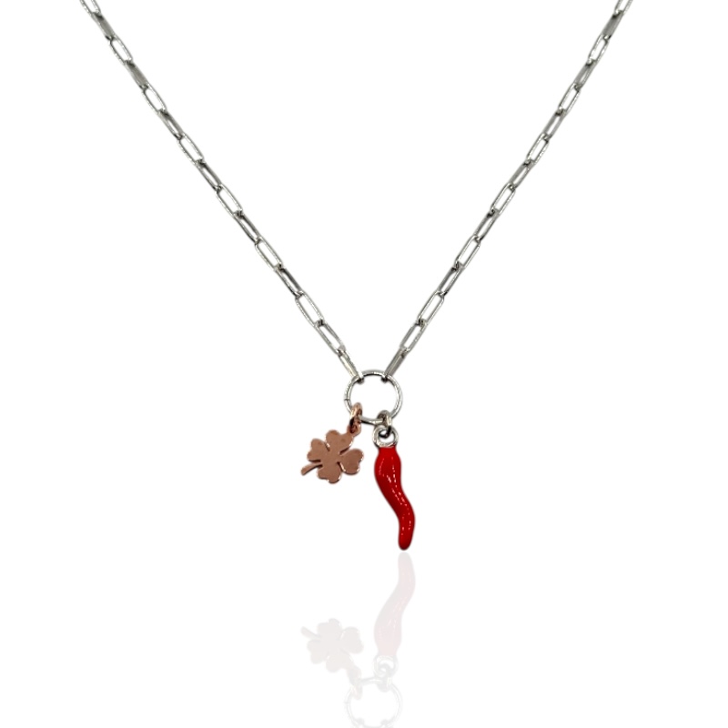 Collana corno rosso e quadrifoglio